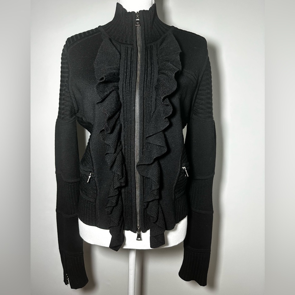 DVF Diane Von Furstenberg Black Ruffle Wool Cardigan Zip Up
